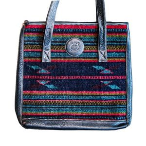 Born 100% Leather And Wool Large Zip Tote Bag Blue Red Mexican Motifs